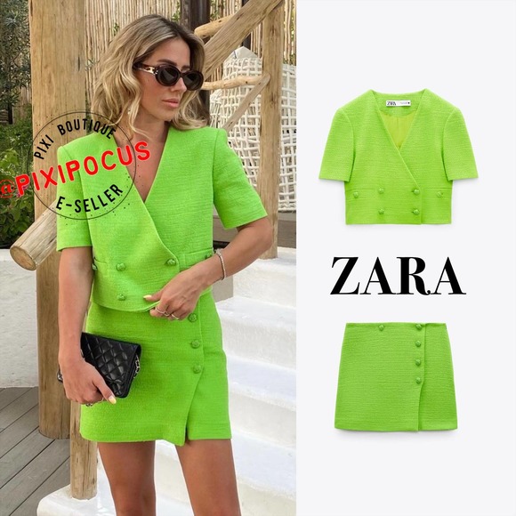 ZARA [ 2 PIECES ] SKIRT SUIT BLAZER + SKIRT SET TEXTURED GREEN